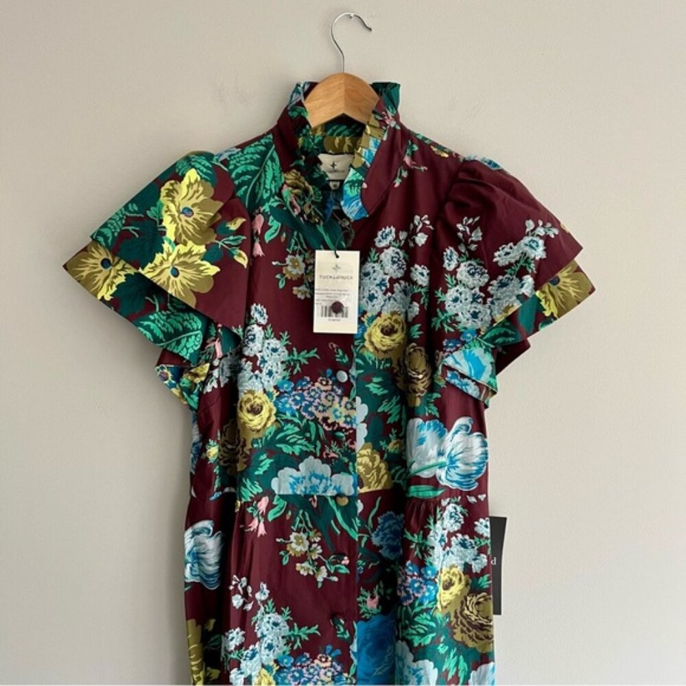 Tuckernuck Burgundy and Teal Floral Flutter Sleeve Midi Dress Medium